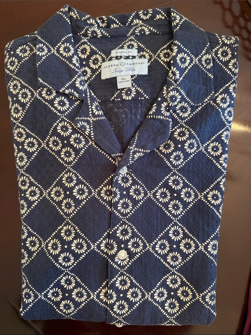 Joseph Abboud Indigo Blue Modern Fit Geometric Short Sleeve Shirt Men’s XL NWT.